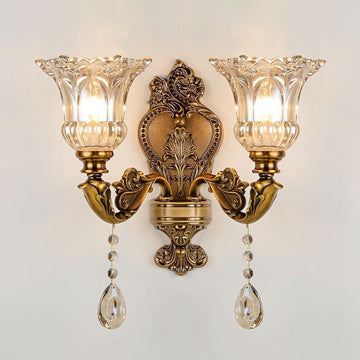 Vintage Glass Wall Sconce, Elegant Brass Wall Light, Crystal Floral Bedside Wall Lamp, Wall Mounted Lamp for Entrance, Bedroom, Hallway