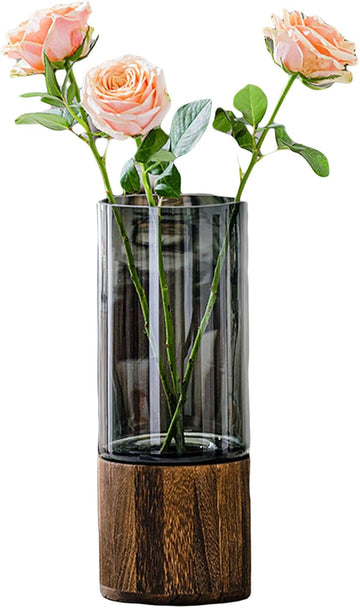 Artistic Wood Glass Vase, 10" H, Wooden Base Cylindrical Flower Vase, Classic Boho Rustic Style for Fireplace