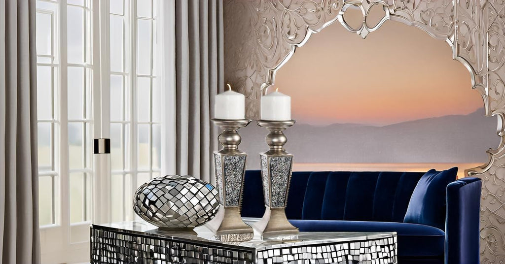 Schonwerk Silver Pillar Candle Holder Set of 2 - Crackled Mosaic Design - Centerpiece Table Decoration - Coffee Table