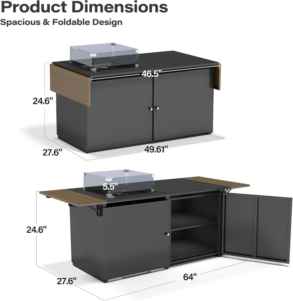 64" Gas Fire Pit Table for Outside Patio, 55,000 BTU Propane Firepit with Expandable Tabletop & Wind Guard - Image 8