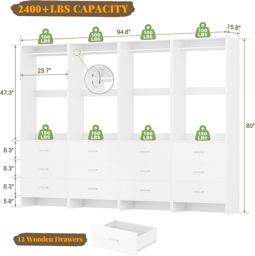 Closet System Closet Organizer, Wood Closets Organizer System, Walk-in Closet or Wardrobe, Clothes Rack with Hanging