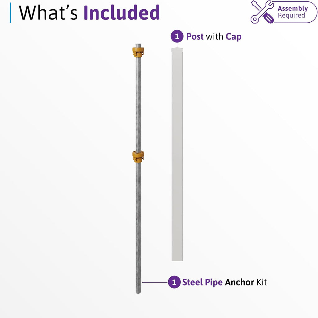 6ft H (1 Post) No Dig Cambridge Finishing Post with Steel Pipe Anchor Kit, Permanent White Vinyl Post for Cambridge Panels and