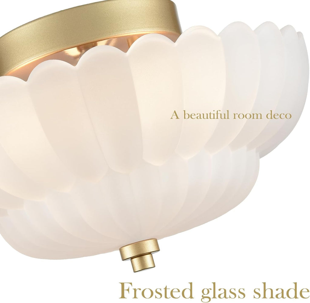 Gold Flush Mount Ceiling Light with Scalloped Frosted Milk Glass | Modern Brass Semi Flush Mount Ceiling Light
