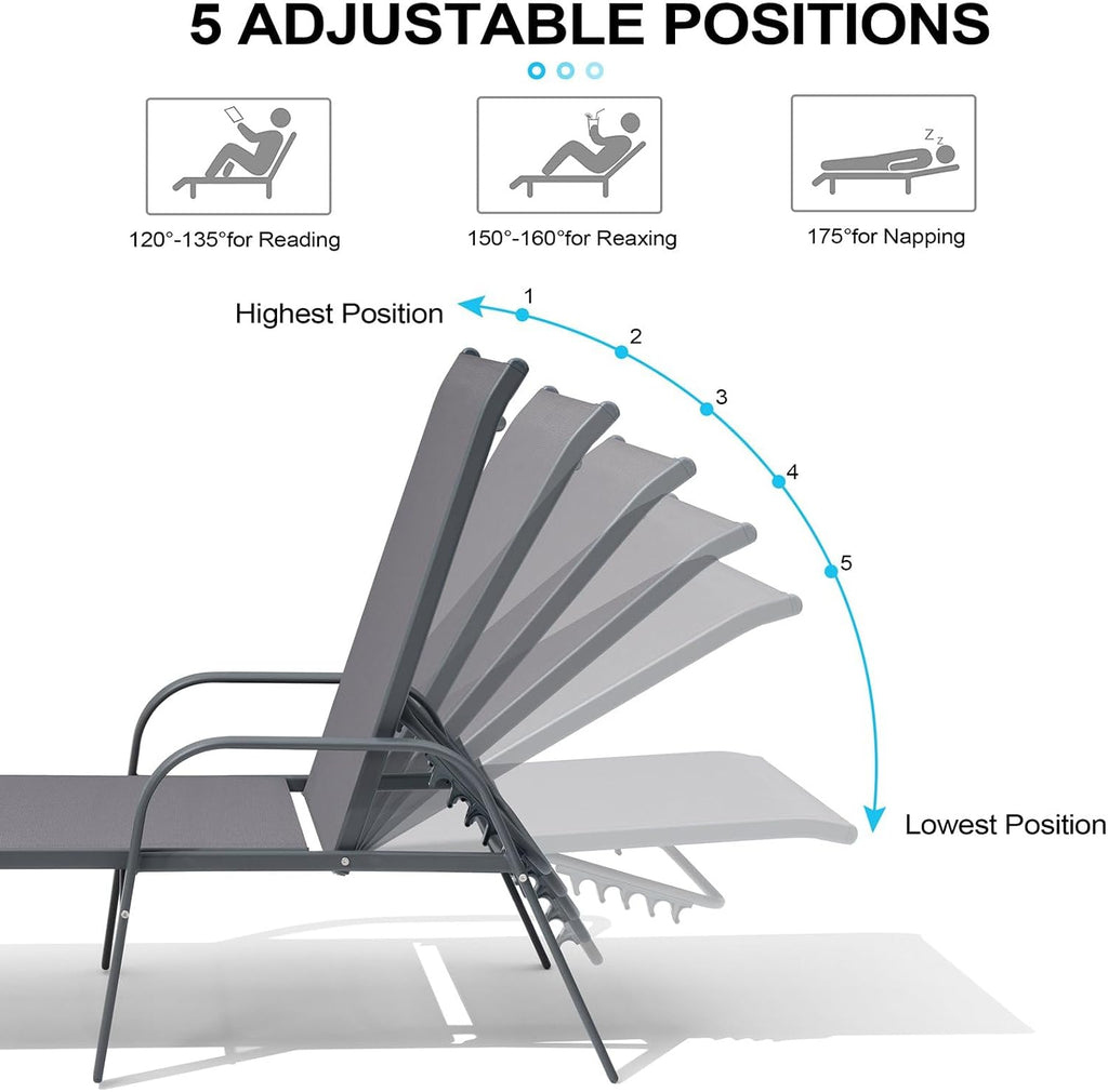 Chaise Lounge Outdoor, Aluminum Pool Lounge Chairs Set of 2 (Gray) | 5-Position Adjustable Backrest with Armrests