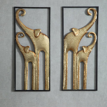 Gold Metal Elephant Wall Decor Set of 2, African Art 3D Sculptures