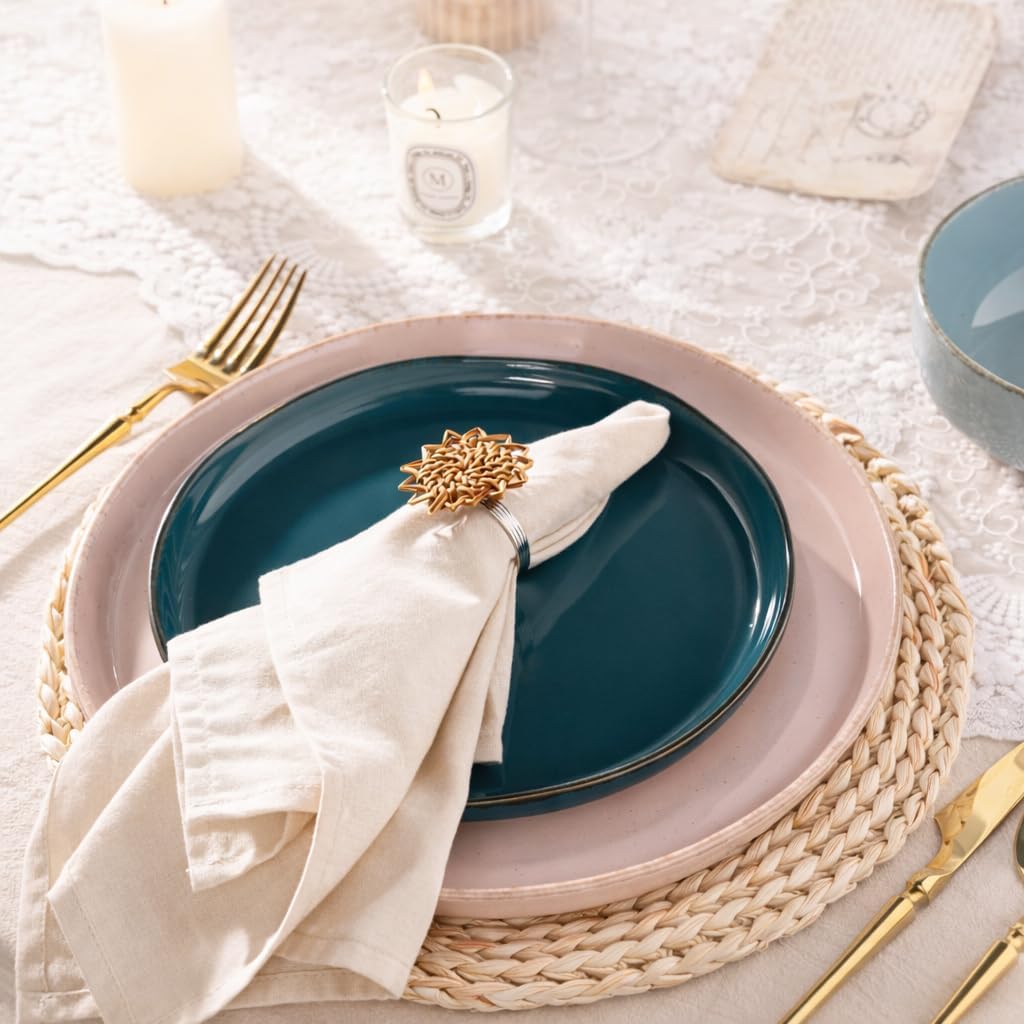 Ceramic Dinnerware Sets for 4, 12 Pieces Handpainted Plates and Bowls Set with Rustic Terracotta Underside