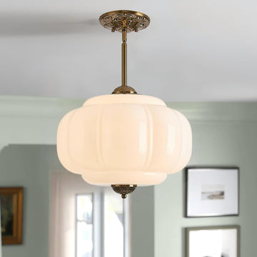 Milk Glass Ceiling Light Fixture, 15" Vintage Semi Flush Mount Pendant Light with Antique Brass Finish, Schoolhouse
