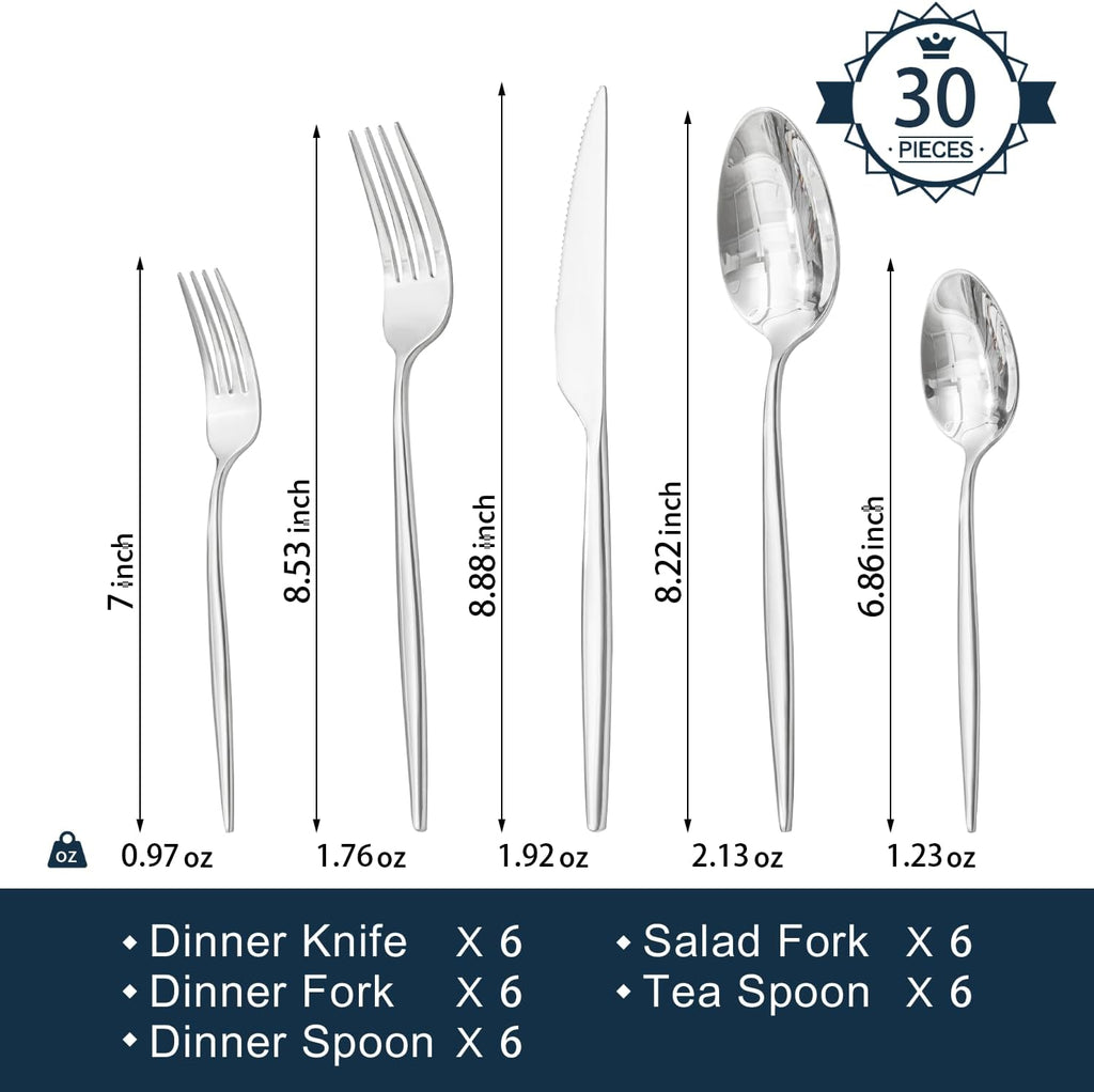Silverware Set, 30-Piece Flatware Set Cutlery Set Premium 18/10 Stainless Steel, Tableware Include Forks Knives Spoons