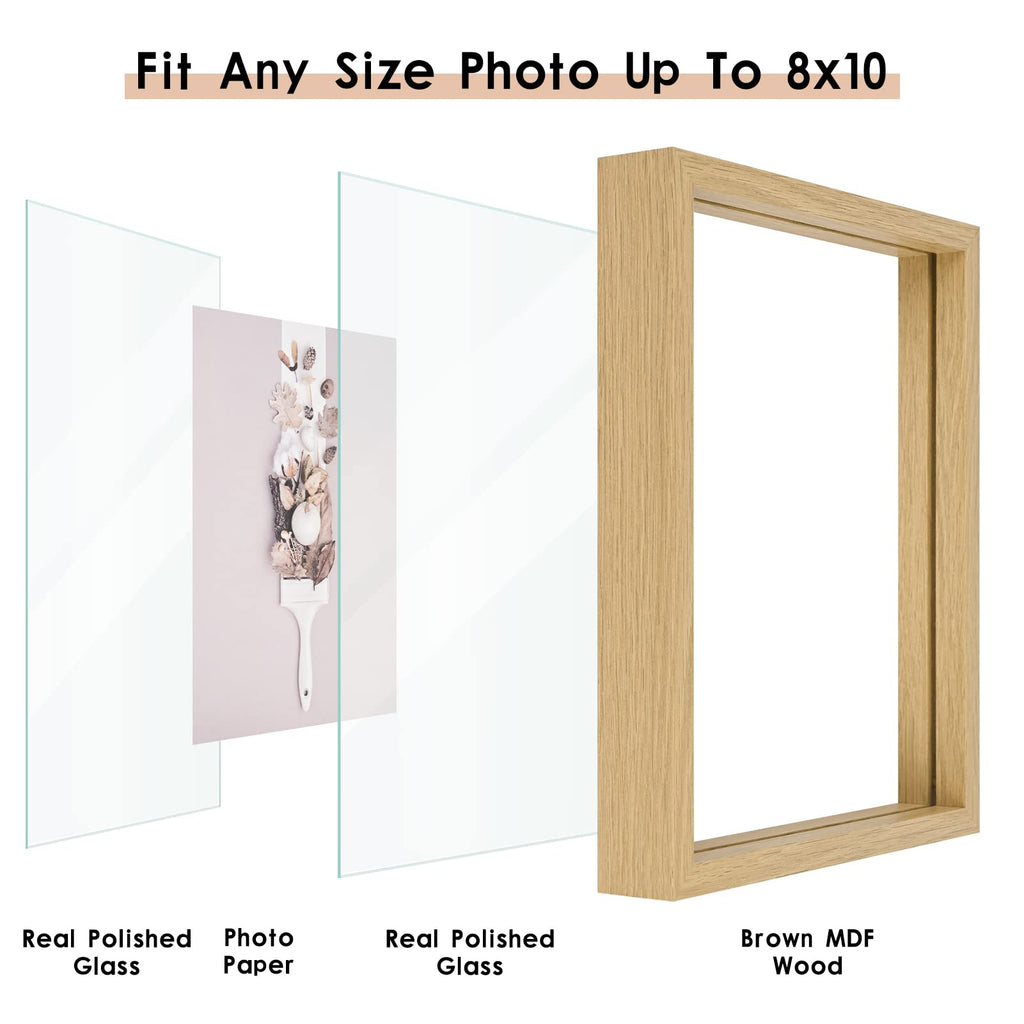 8x10 Floating Frame Set of 2, Double Glass Rustic Photo Frame for Wall Hanging or Tabletop Standing, Display Any Size