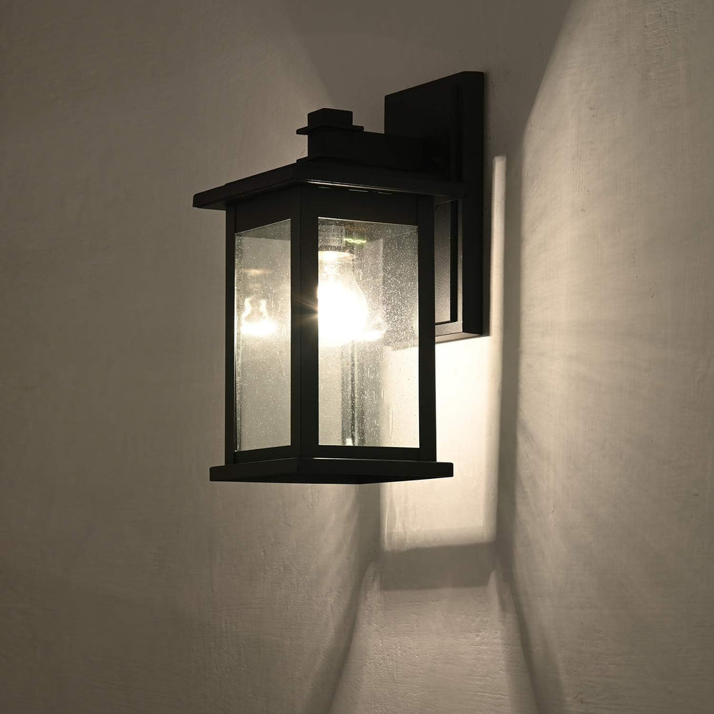 2-Pack Black Outdoor Wall Sconce, 12-Inch Modern Square Exterior Light Fixtures with Clear Seedy Glass