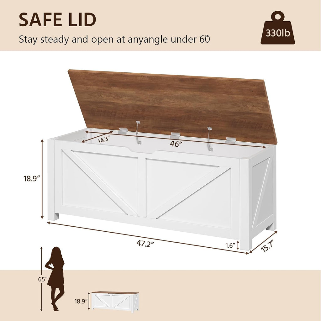 47.2" Storage Chest, Farmhouse Large Storage Bench with 2 Safety Hinges, Wooden Storage Trunk with Flip-Top, Toy