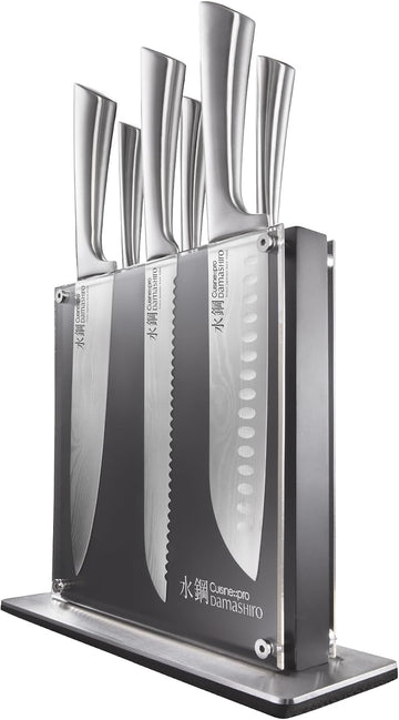 Damashiro Knife Block (Kumi, 7-Piece Chef Knife Set) - Japanese Steel Knife - Magnetic Knife Block- Damascus-Inspired