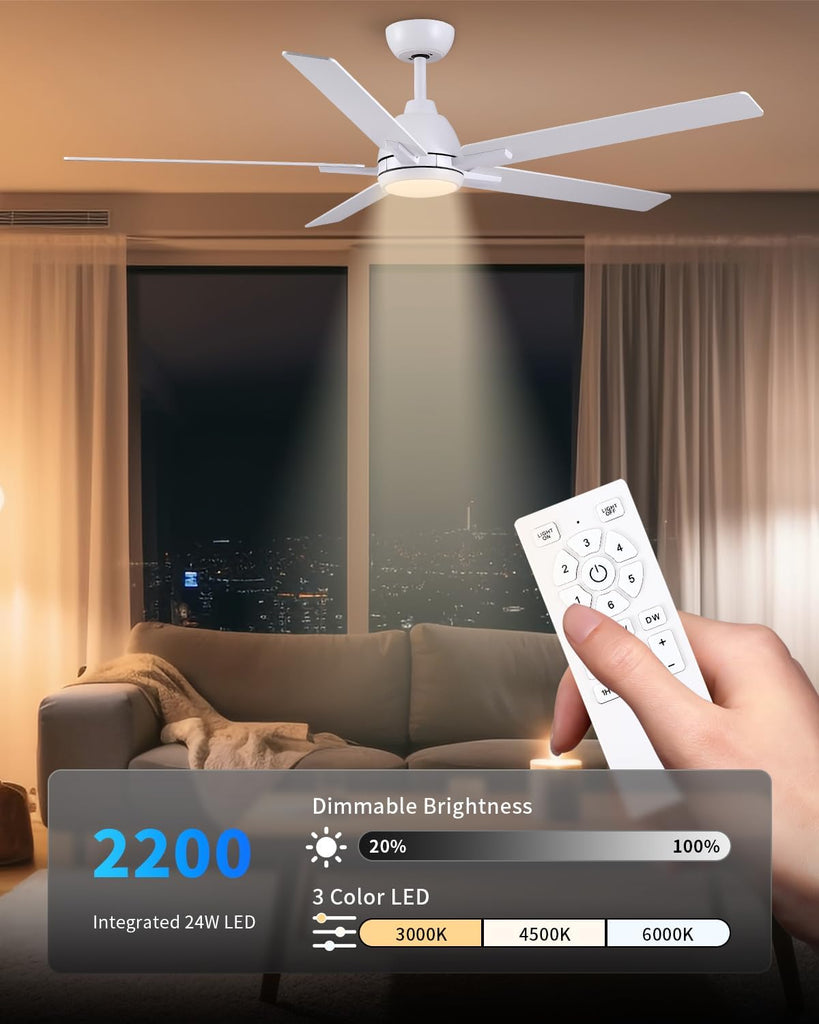 60 Inch Ceiling Fans with Lights and Remote, White Ceiling Fan , 5 Blades, Downrod