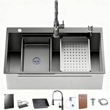 Black Drop- Sink:30in Stainless Single Bowl Sink &Accessories | Spacious 30-Inch Workstation Sink with 7-in-1