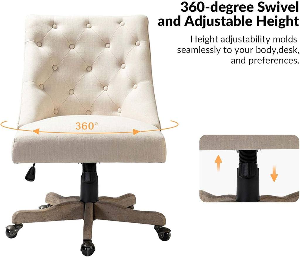 Modern Tufted Armless Home, Comfy Upholstered Desk Chair with Vintage Wood Base, Height Adjustable Swivel Computer