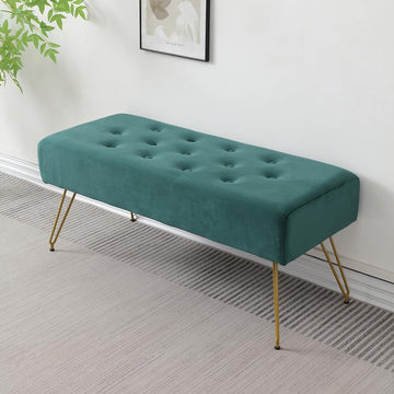 Velvet Button-Tufted Entryway Bench, 39.37" Modern Upholstered Bedroom Bench with Gold Metal Legs, Padded Rectangular