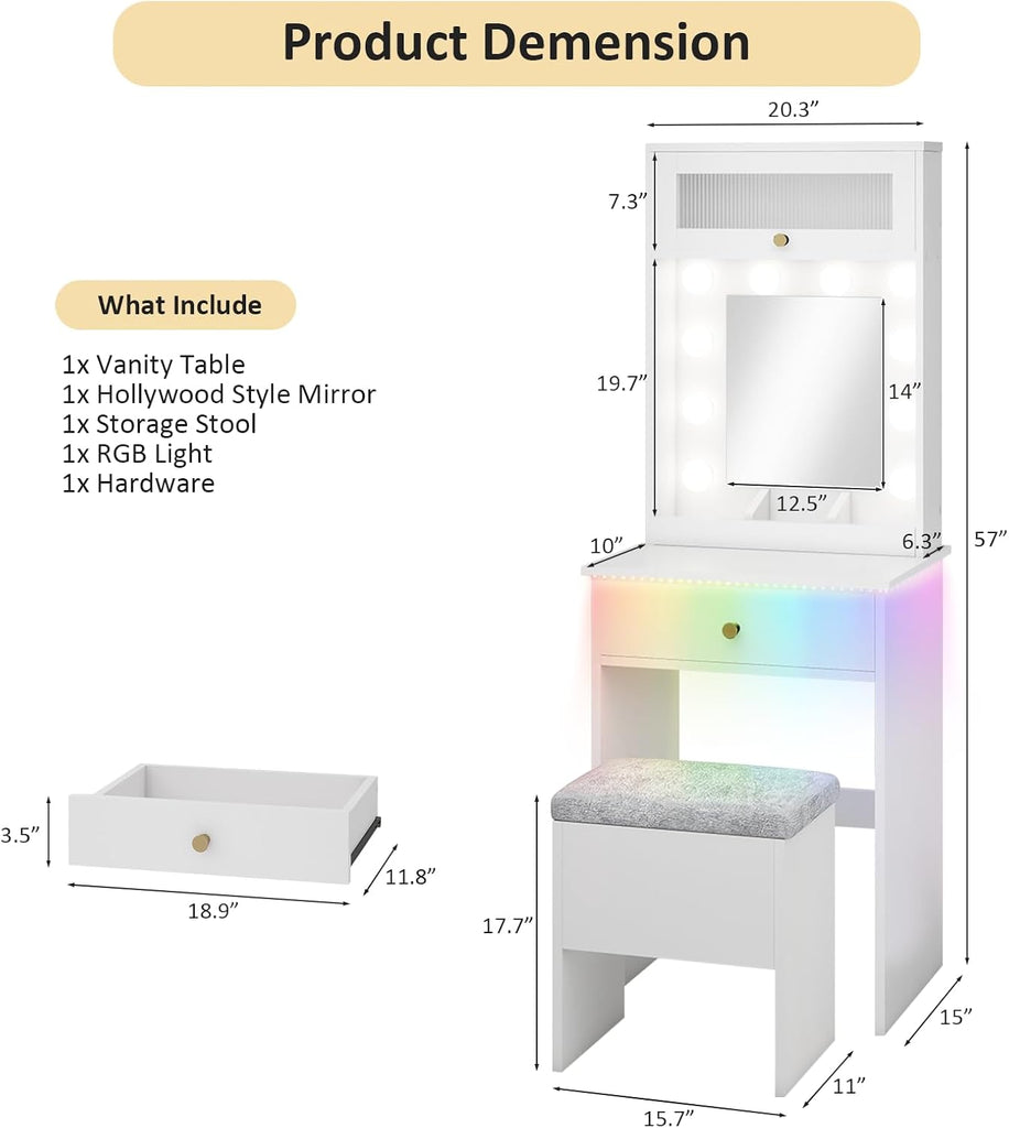 Small Vanity with Mirror & RGB Light White Makeup Set | Table Storage Rack, Mini Vanity with Storage Chair, Space