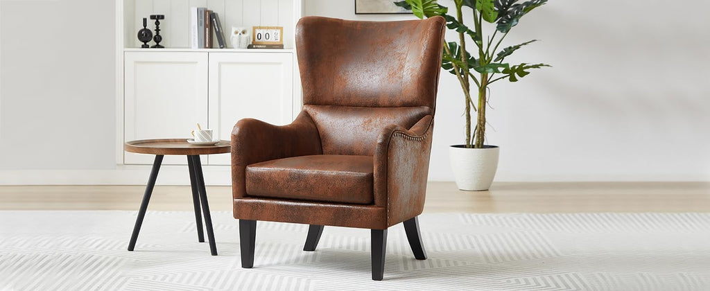 Elber Mid-Century Modern Wingback Accent Chair, Faux Suede Upholstered Club Chair with Cushion, Wooden Living Room