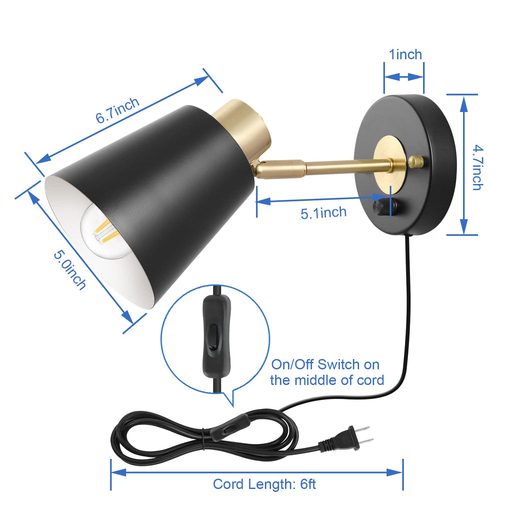 Wall Sconce Plug in, Dimmable Wall Sconces Adjustable Wall Lights with Plug in Cord and Dimmer On/Off Rotary Switch
