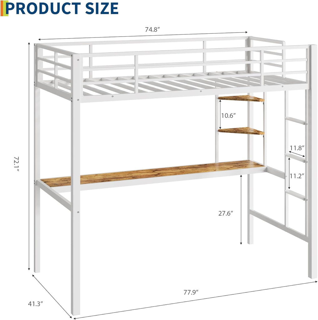 Twin Loft Bed with Large Desk and Storage Shelves