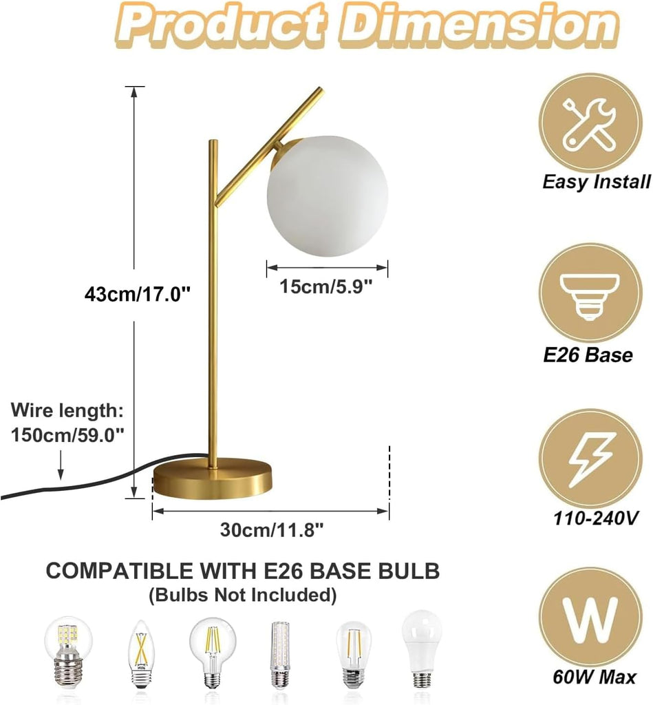 Mid Century Modern Table Lamp, 1 Light Brass Glass Globe Bedside Lamp