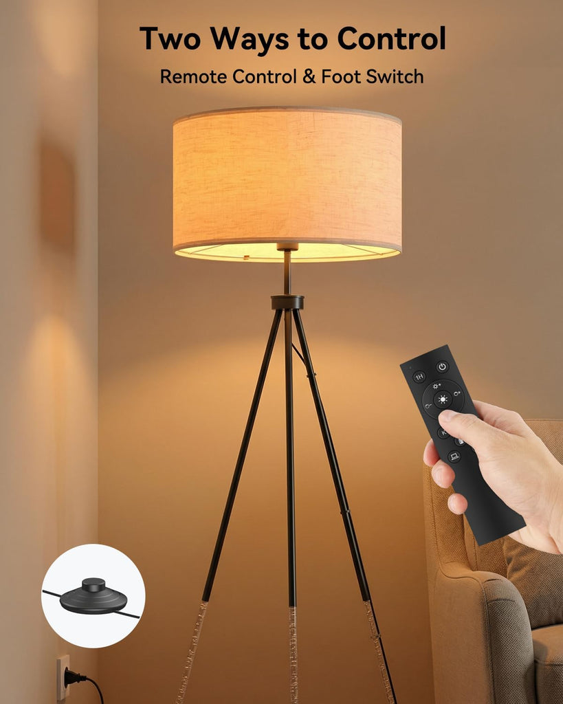 Tripod Floor Lamp with Remote Control, Stepless Dimmable Tall Floor Lamp with Fabric Shade