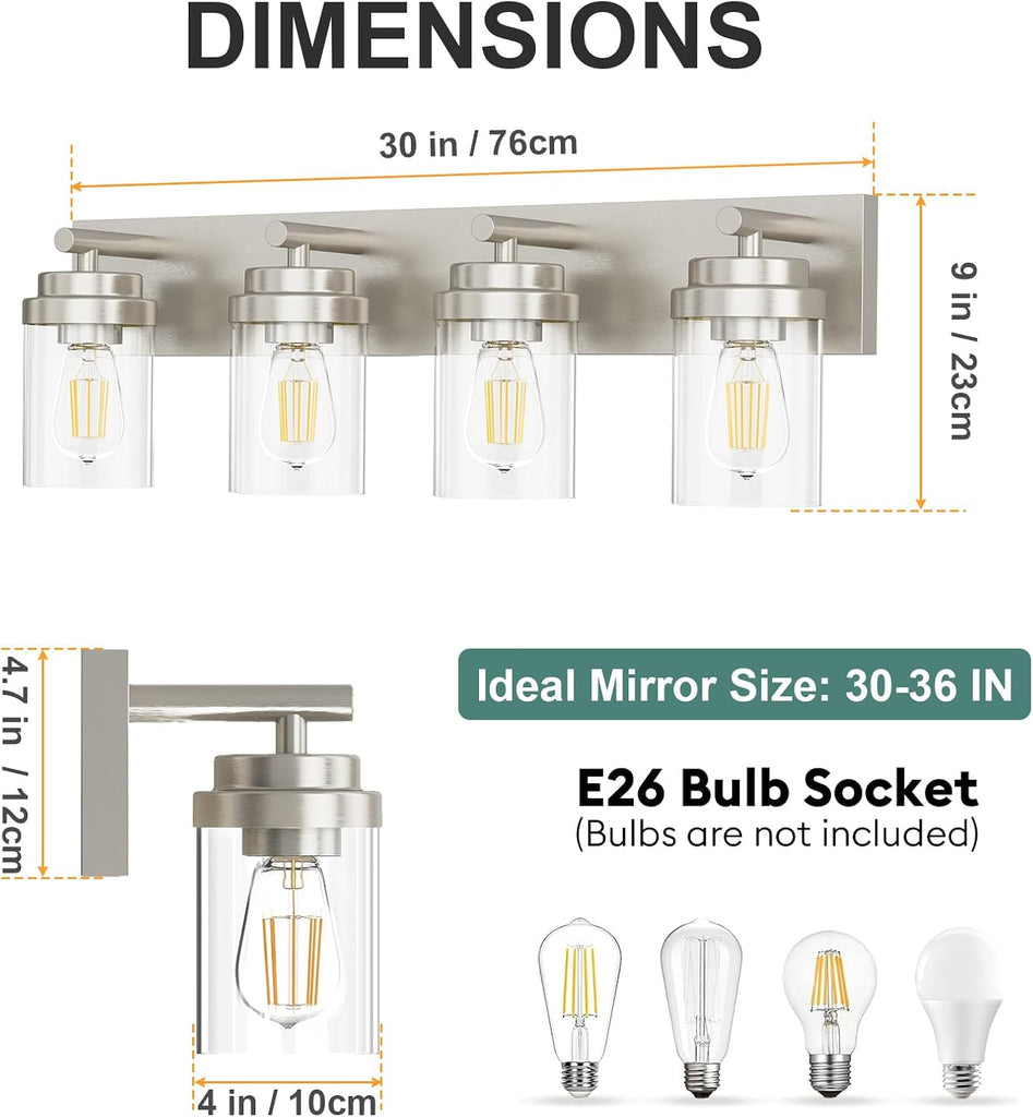 Bathroom Vanity Light Fixture, 4-Light 30 Inch Brushed Nickel Bathroom Light Fixtures Over Mirror, with Clear Glass