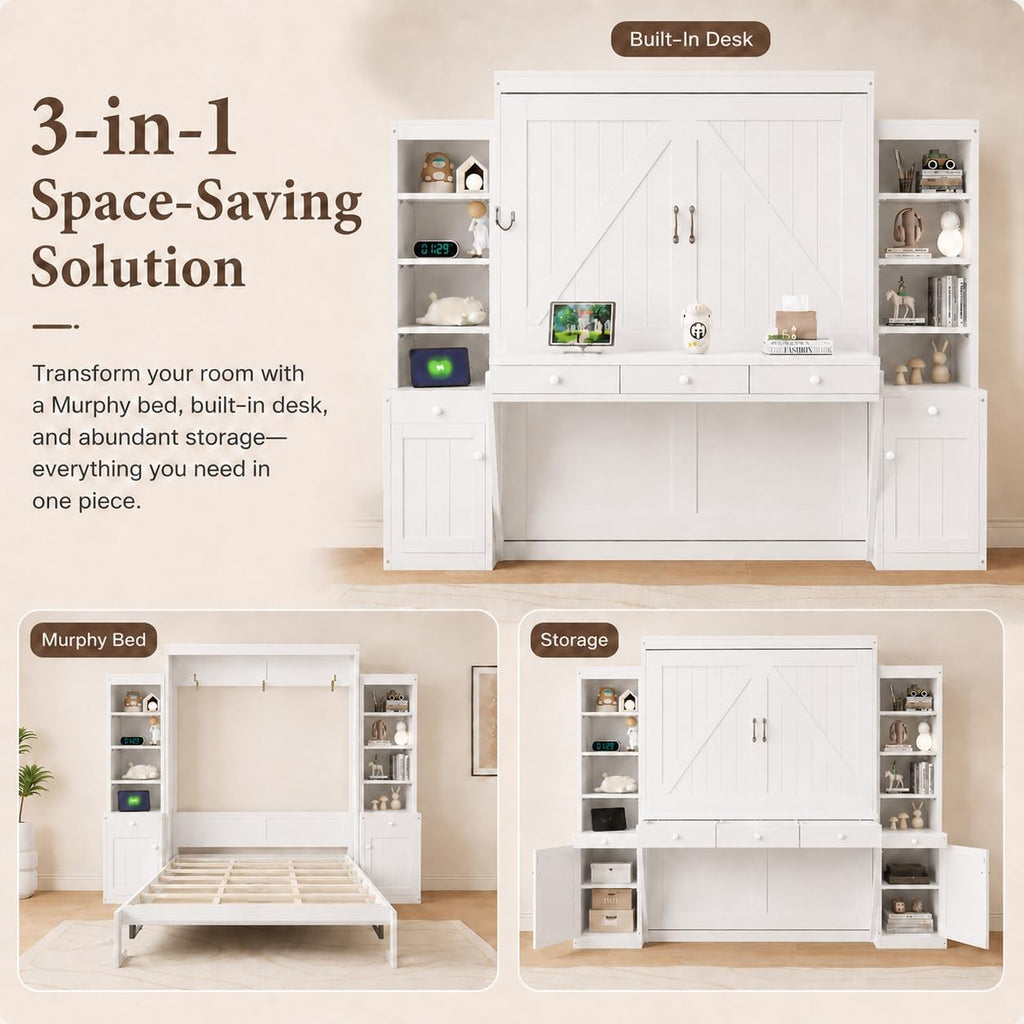 Queen Murphy Bed with Desk, Wall Bed Cabinet with Storage Shelves, Enclosed Cabinets and Hidden Foldout Workstation