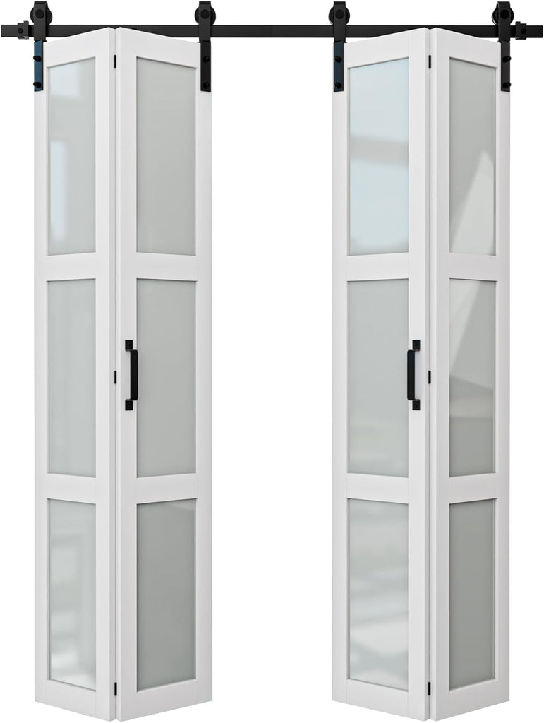 64" x 84" Frosted Glass Bifold Sliding Barn Door with Hardware Kit Included, Pre-Assembled Solid Cor