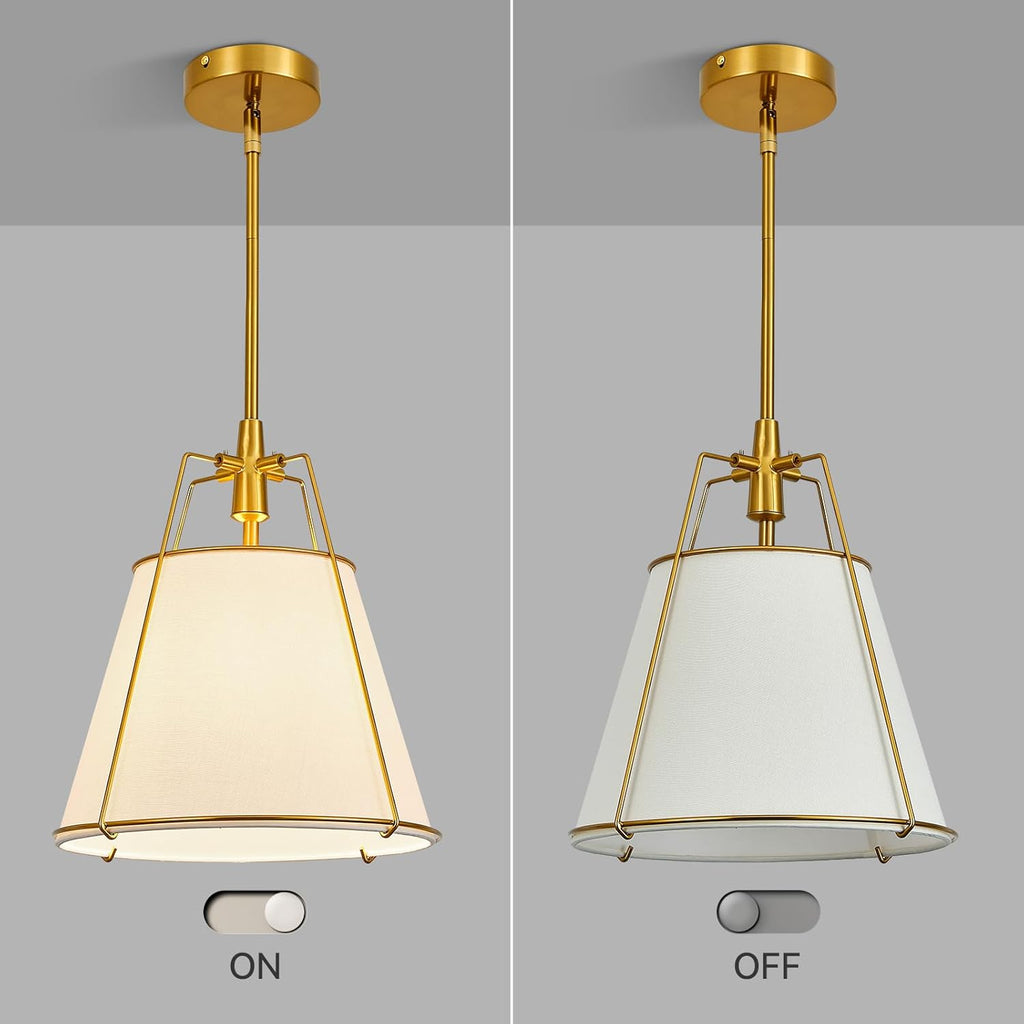Modern Pendant Light Fixtures with 12" White Linen Fabric Shade, Adjustable Hanging Light Fixture,Drum Gold Vintage