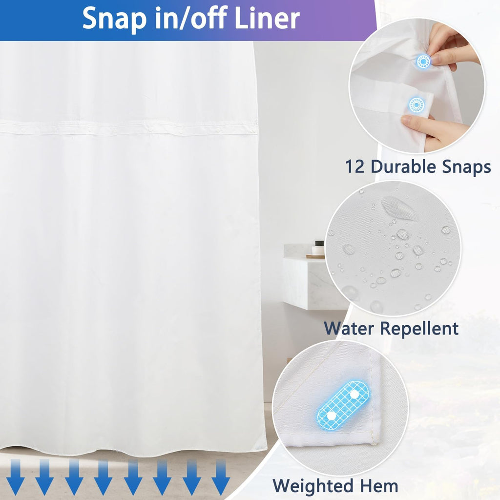 Beach No Hook Shower Curtain and Liner Set, Seaside Lighthouse Pattern Shower Curtain No Hooks with Snap in Liner