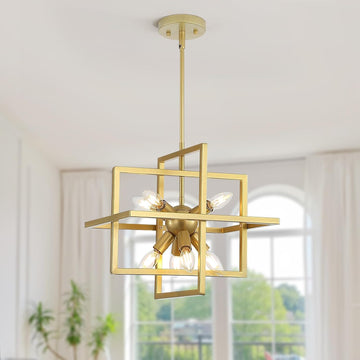 Modern Gold 8-Light Geometric Chandelier, Square Sputnik Pendant Light for Kitchen Island, Dining Room, Bedroom