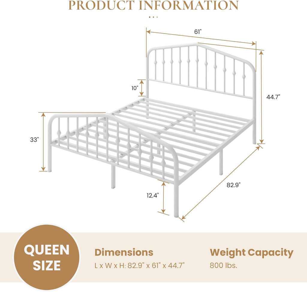 Queen Metal Platform Bed Frame with Victorian Style Wrought Iron-Art Headboard/Footboard, No Box Spring Required, White