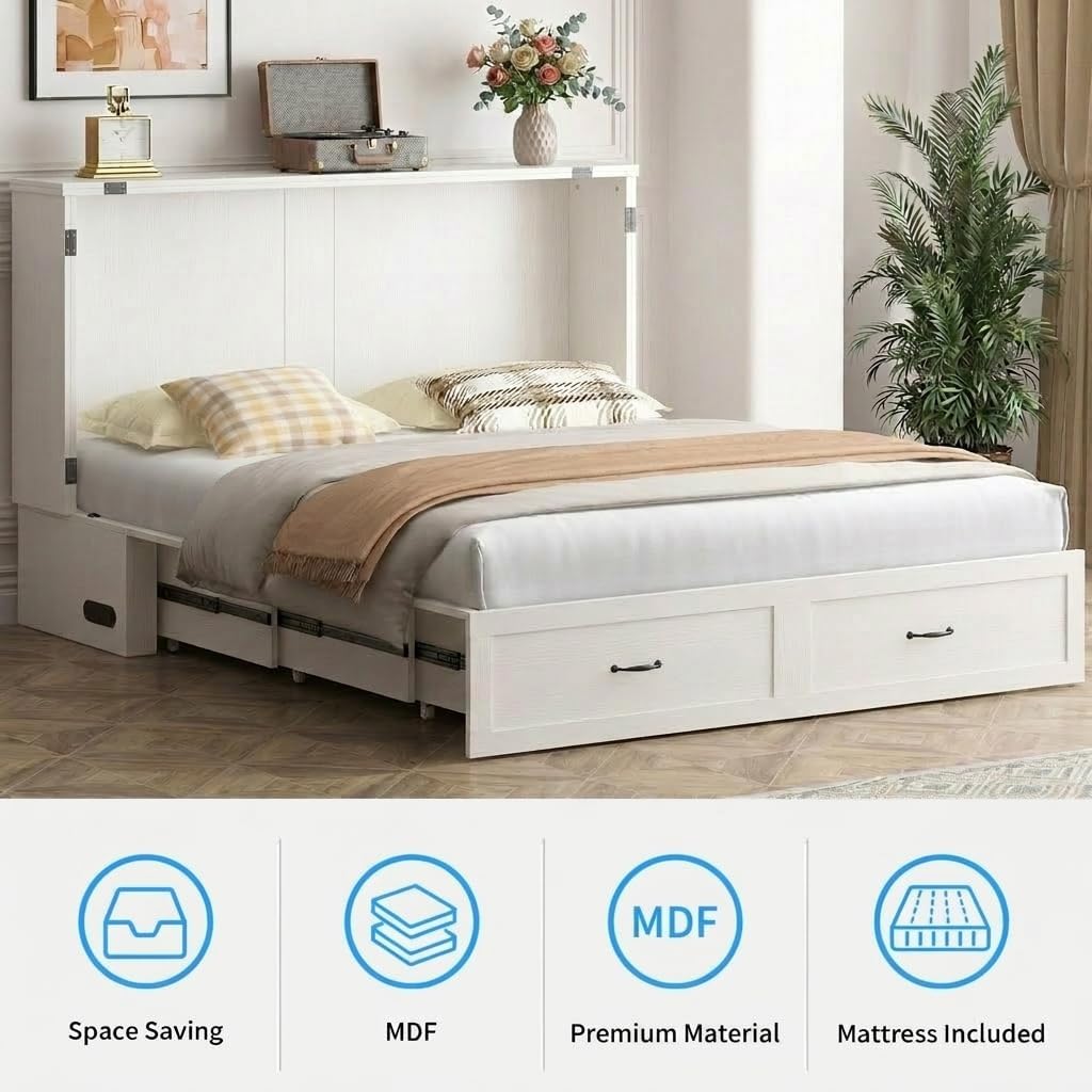 Murphy Bed Queen with Mattress Included, Crisscross Frame Cabinet Beds Chest with Charging Station & Storage Drawers