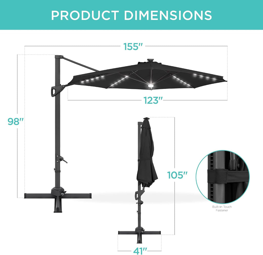 10ft Solar LED Cantilever Patio Umbrella, 360-Degree Rotation Hanging Offset Market Outdoor Sun Shade w/Lights - Black