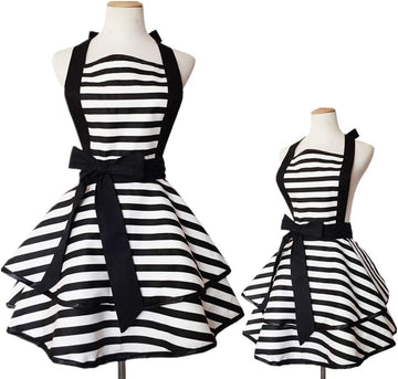 2 Pack Cute Vintage Matching Aprons for Women Girls Black Striped Retro French Maid Apron Adjustable Parent and Child