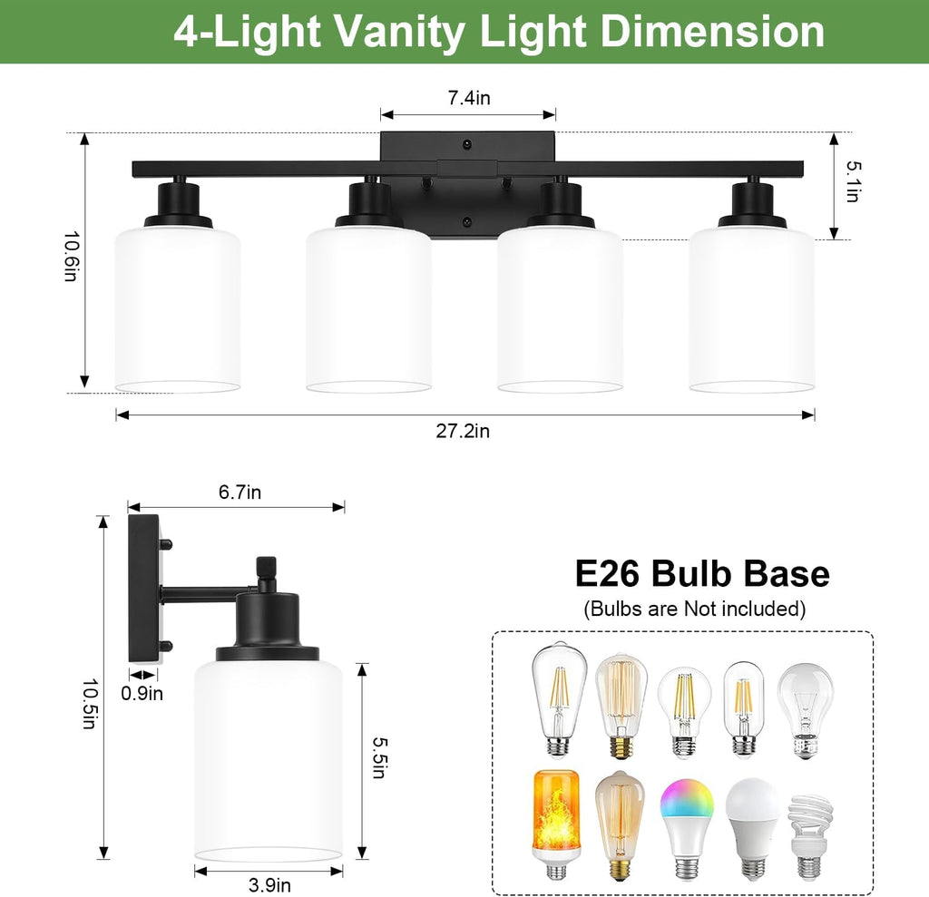 4-Light Bathroom Light Fixtures, Vanity Light with Milky White Shades, Matte Black Bathroom Light Fixtures Over