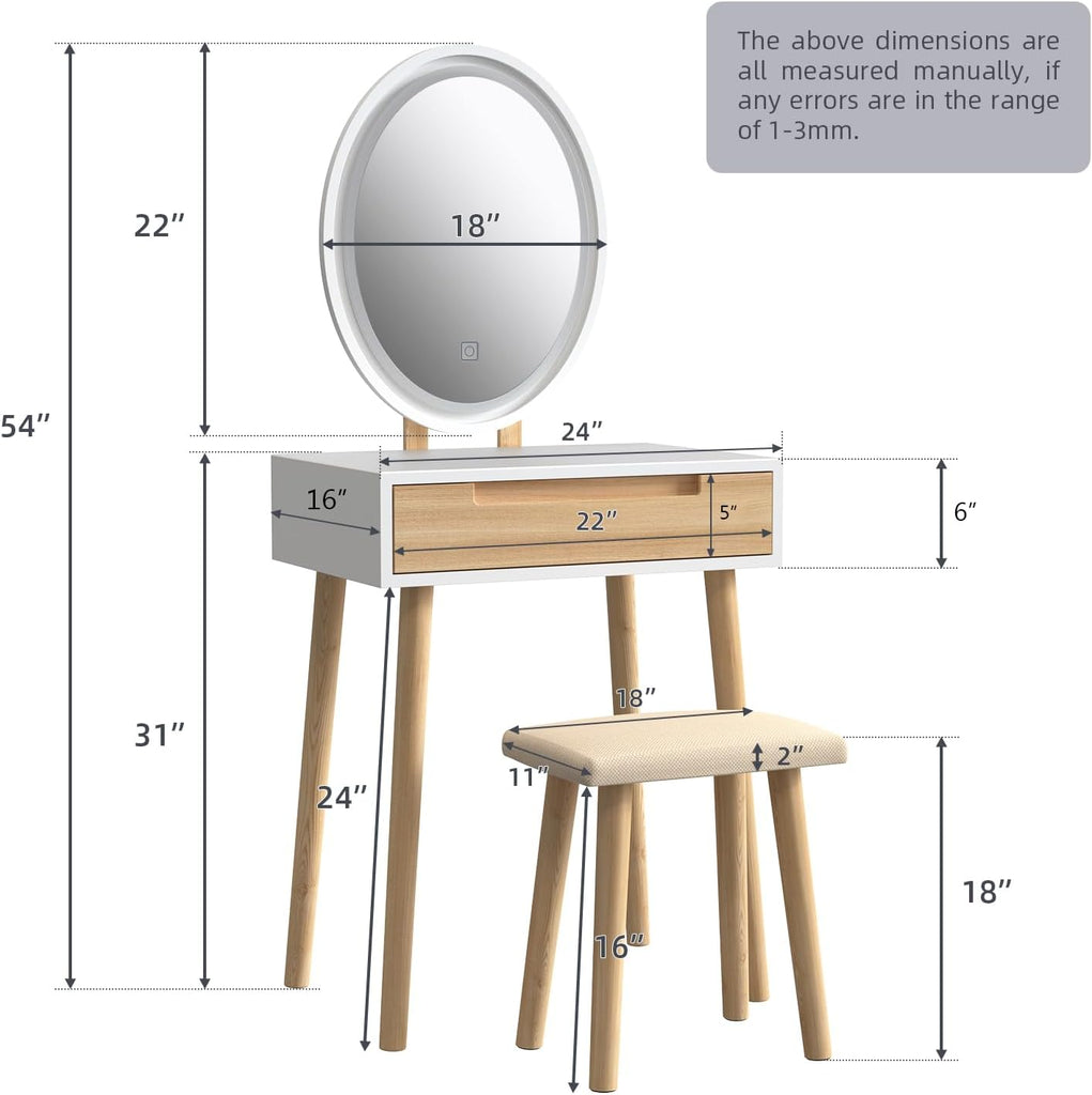 Makeup Vanity Table Set with 3 Modes Adjustable Lighted Mirror Cushioned Stool, Dressing Table for Small Space | 3