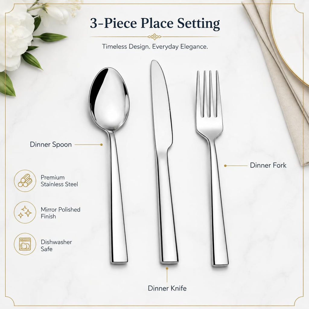 24-Piece Stainless Steel Silverware Set for 8, Mirror Polished Flatware Set Includes 8 Dinner Knives, 8 Dinner Forks