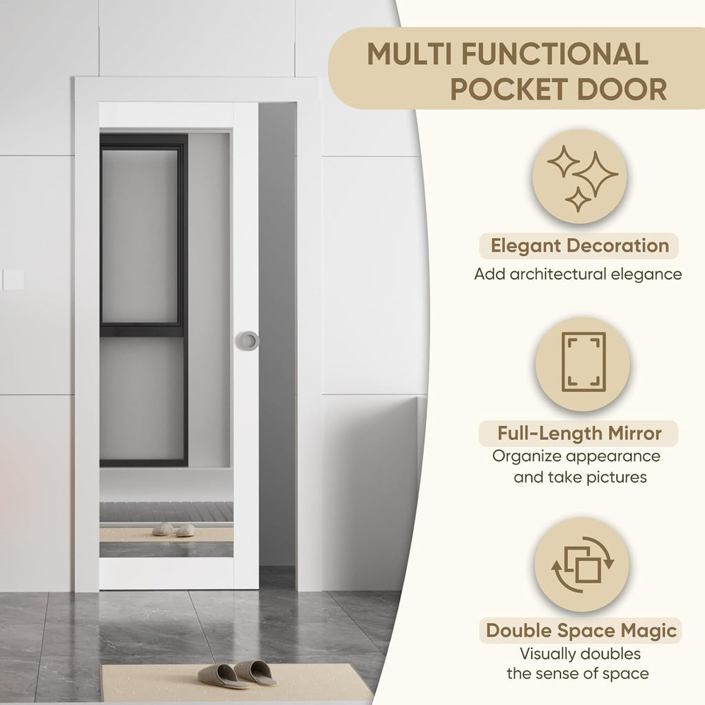32" x 80" Sliding Pocket Door, Includes Wooden Frame Mirror Door Panel and Soft Close Pocket Frame K