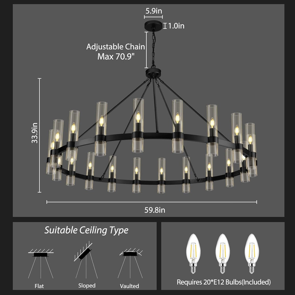 Inspired Ravelle Style Black Wagon Wheel Chandelier, 60 Inch Glass Chandeliers, 20 Light Chandelier for High Ceiling, Modern Farmhouse Chandeliers for Living Room, Dining Room, Entryway, Stairwell(Bulbs Included)