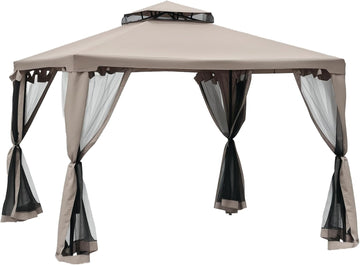 9.6' x 9.6' Patio Gazebo, Outdoor Canopy Shelter with 2-Tier Roof and Netting, Steel Frame and Deck, Taupe