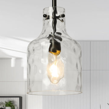 Industrial Glass Pendant Lights Island, Modern Black Pandent Light Fixture 7" Hammered Glass Shade Farmhouse Pendant