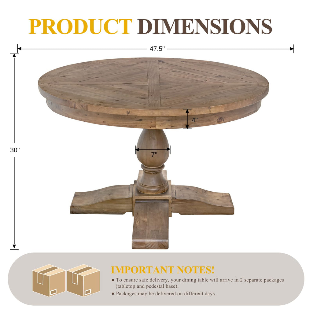 47" Round Dining Table with Wooden Pedestal Base, Reclaimed Pine Wood Dinner Table for 4, Heavy Duty Pedestal Table