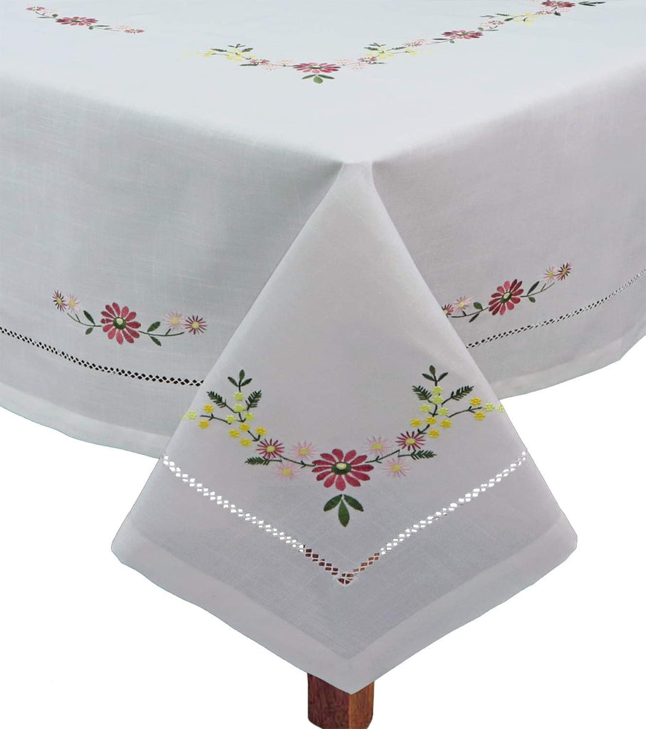 Hemstitched Embroidered Daisy Flower Tablecloth 70x104 Rectangular Table Cover White