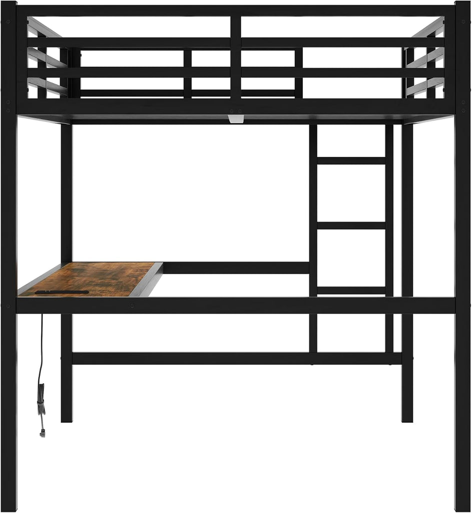 Full Metal Loft Bed with Desk and LED Lights,Heavy Duty Loft Bed Frame with Charging Station and USB for