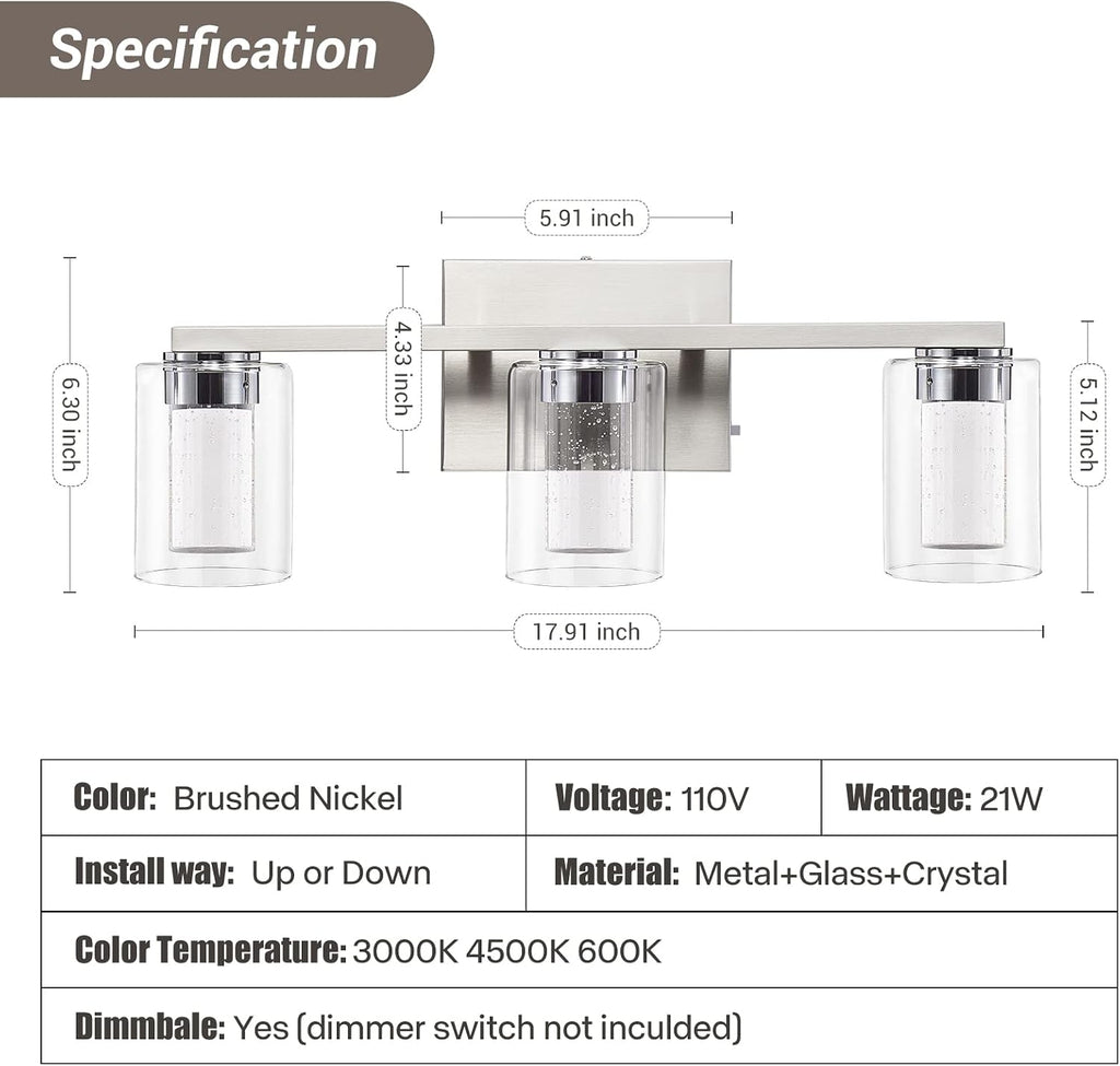 Bathroom Light Fixtures, 3 Light Brushed Nickel Bathroom Vanity Light over Mirror, 3 Color LED lights with Crystal