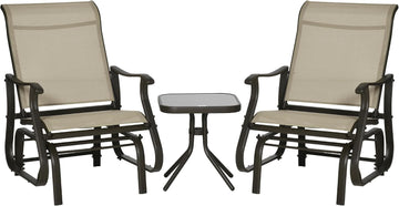 3-Piece Outdoor Gliders Set Steel Frame Patio Gray | Bistro Table and Chairs, Tempered Glass Top Table, Garden