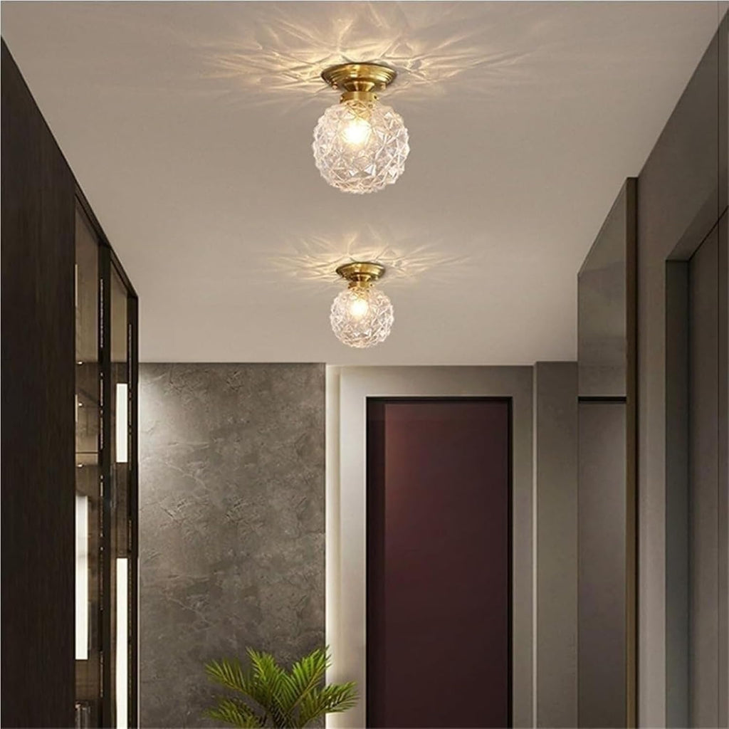 Modern Gold Flush Mount Ceiling Light with Faceted Clear Glass Globe Shade Small Decorative Accent Lighting Fixture