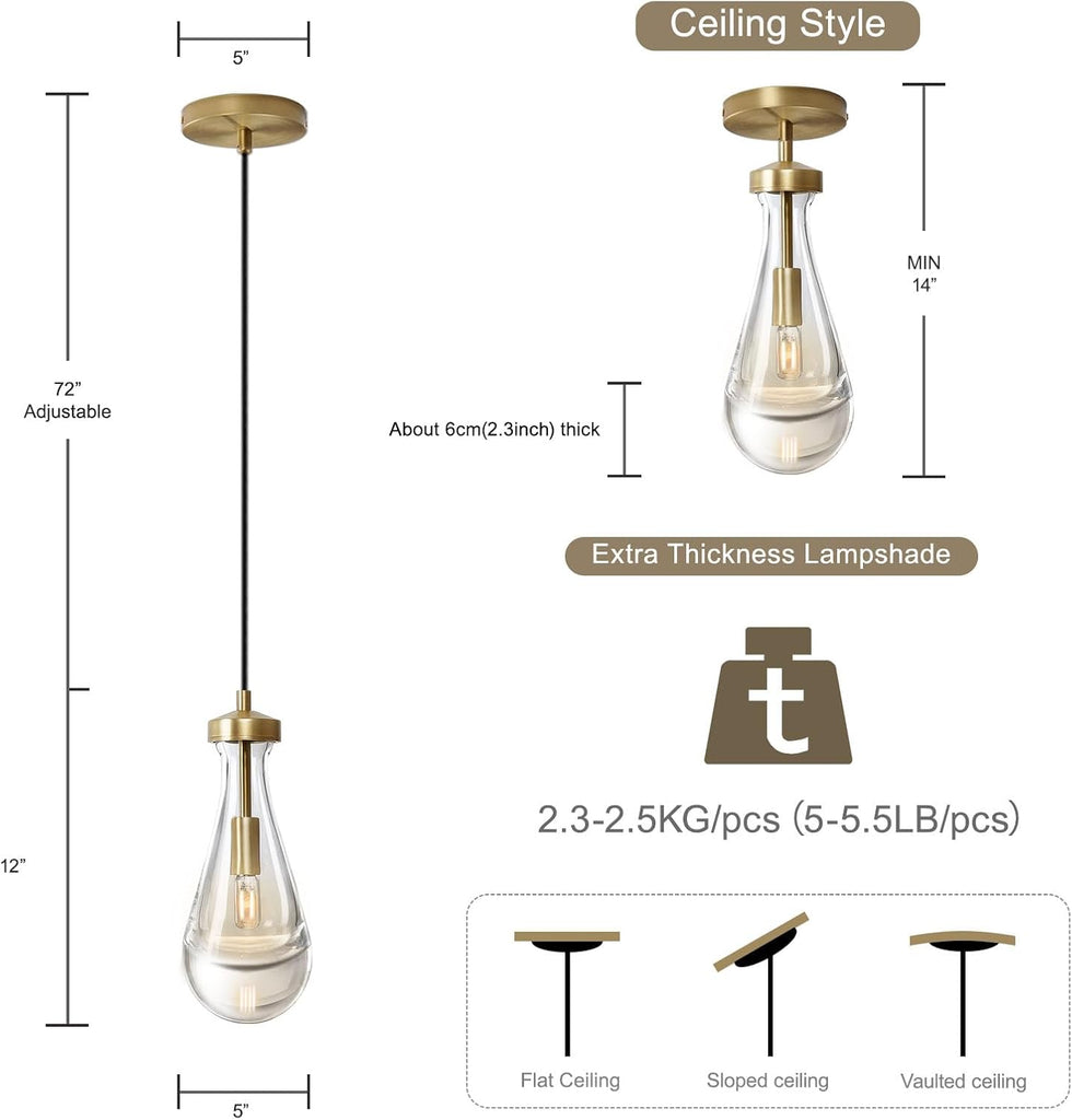 Raindrop Pendant Lights Kitchen Island Teardrop Gold Hanging Light Fixtures Clear Solid Glass Pendant Light Modern Chandeliers for Dining Room Porch Corridor Living Room